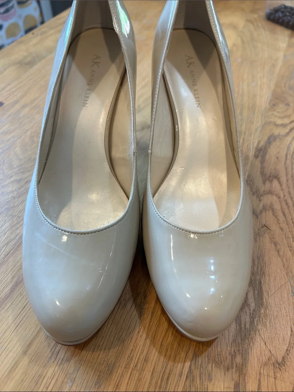 Anne Klein Beige Patent Leather Round-Toe Pumps